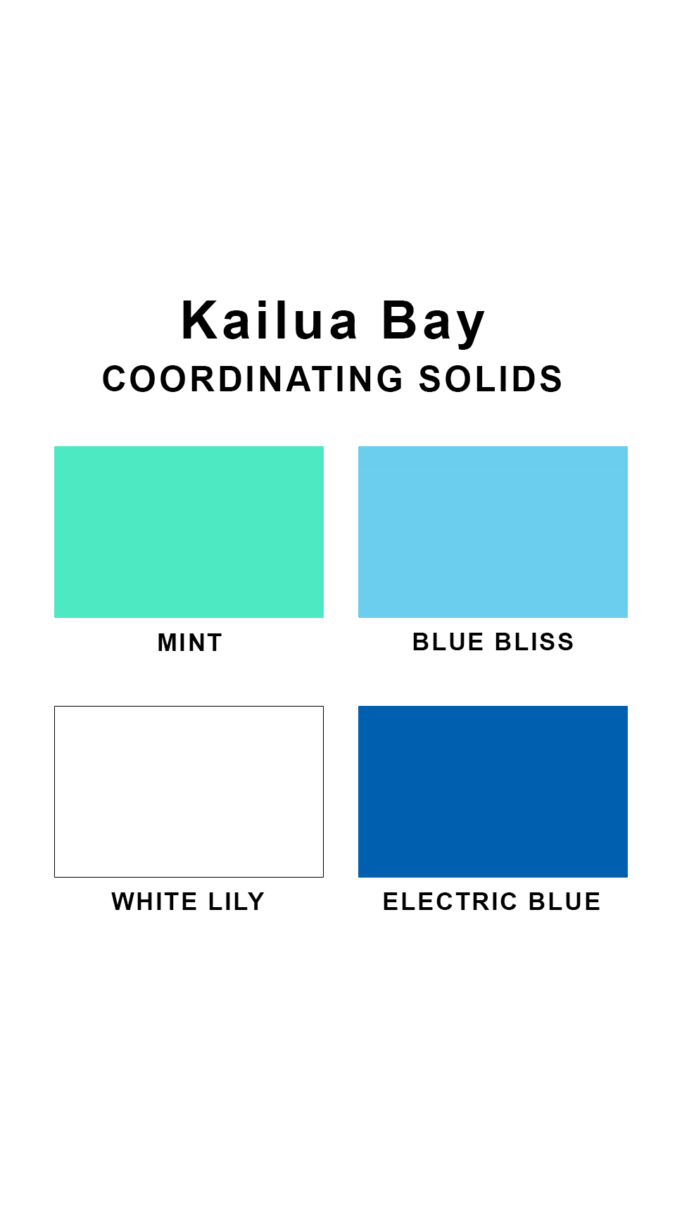 Coordinating solids chart for Sunsets Kailua Bay swimsuit print: Mint, Blue Bliss, White Lily, and Electric Blue