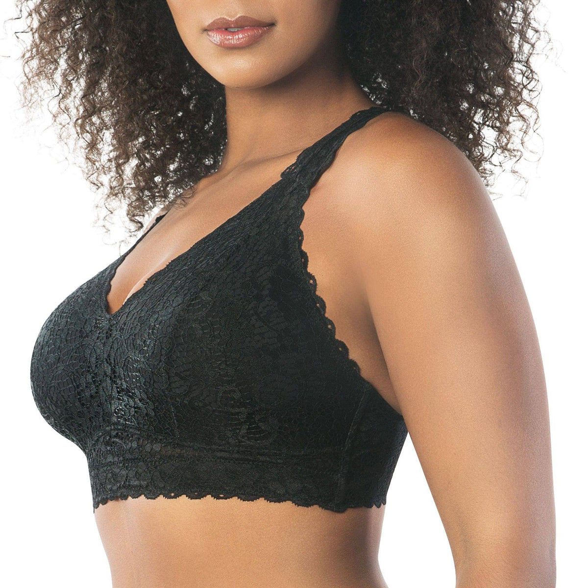 Black full bust wire-free convertible racerback lace bralette, side view
