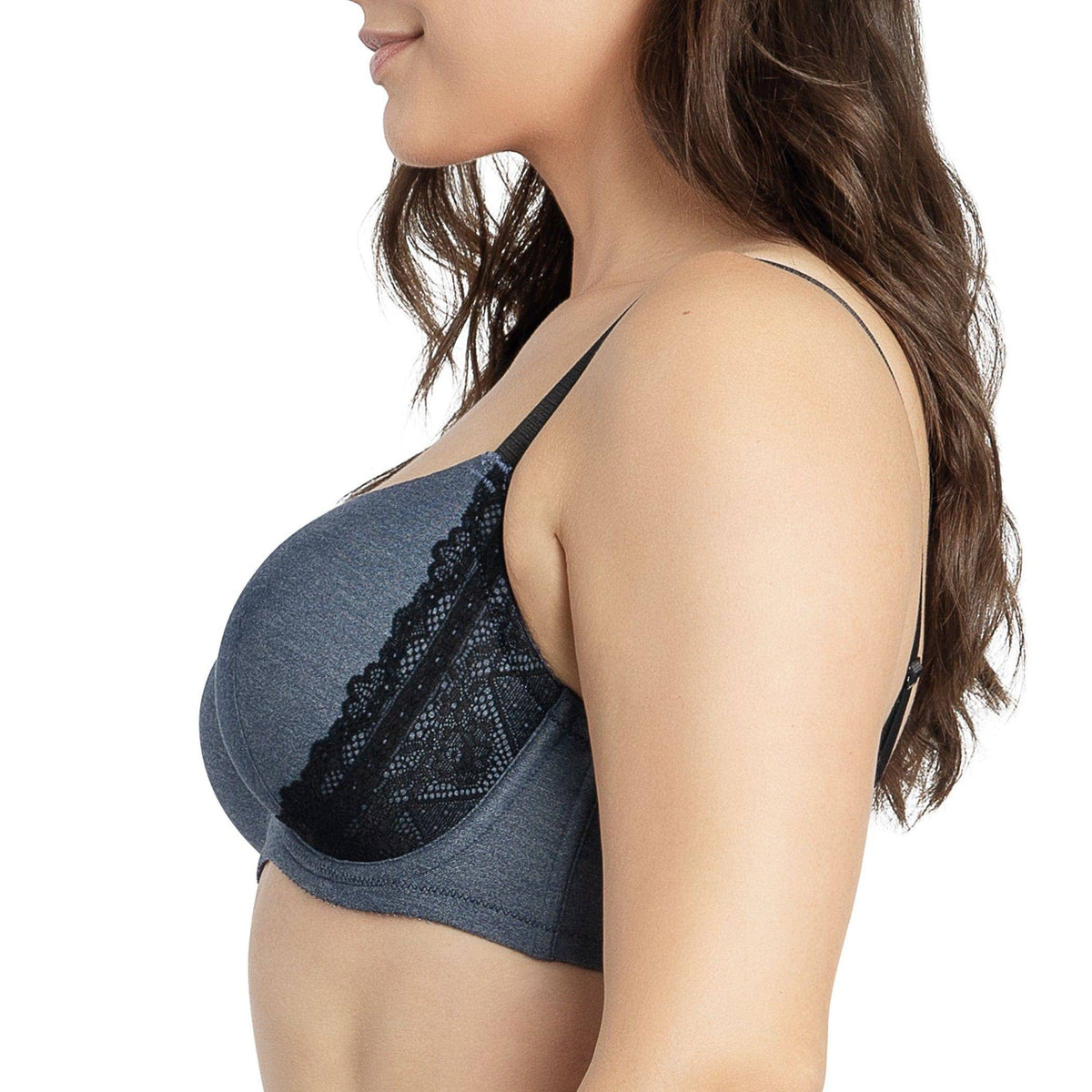 Dark blue denim full bust padded plunge push-up t-shirt bra, side view