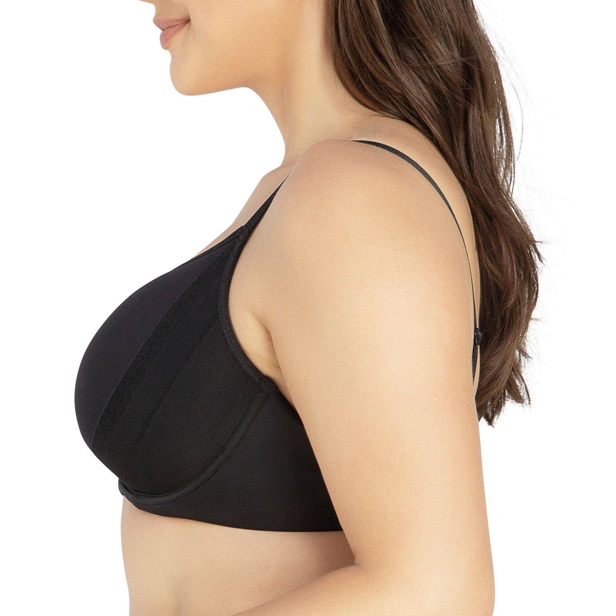 Black full bust t-shirt minimizer bra, side view
