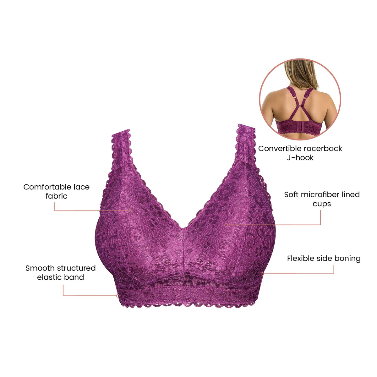 Blackberry full bust wire-free convertible racerback lace bralette