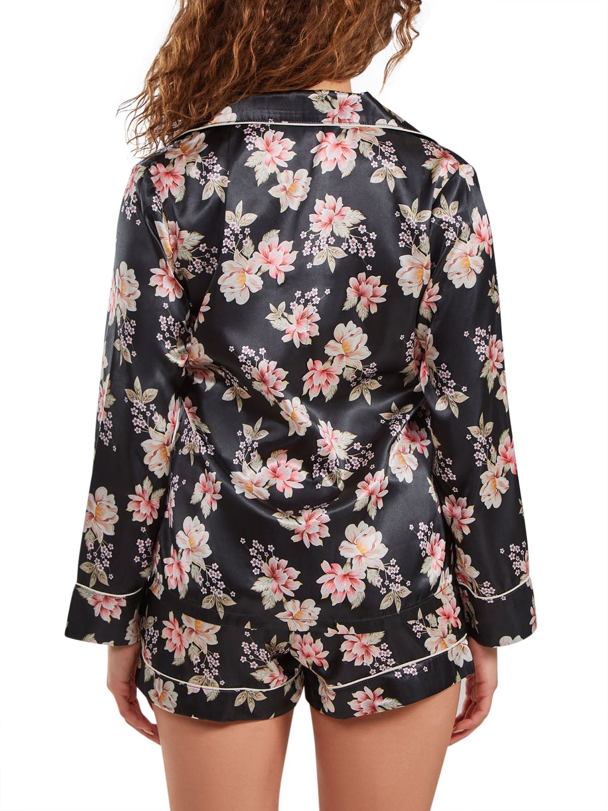 Multi-black floral print satin long sleeve pajama set