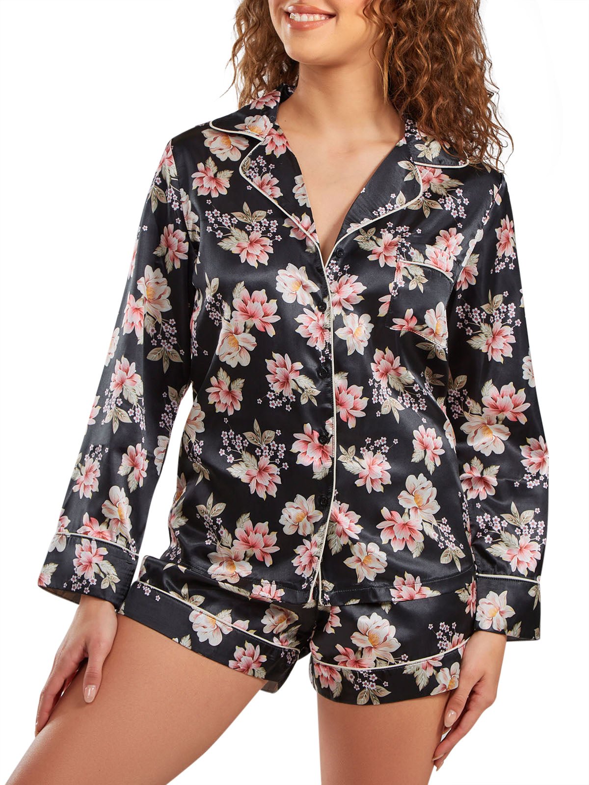Multi-black floral print satin long sleeve pajama set