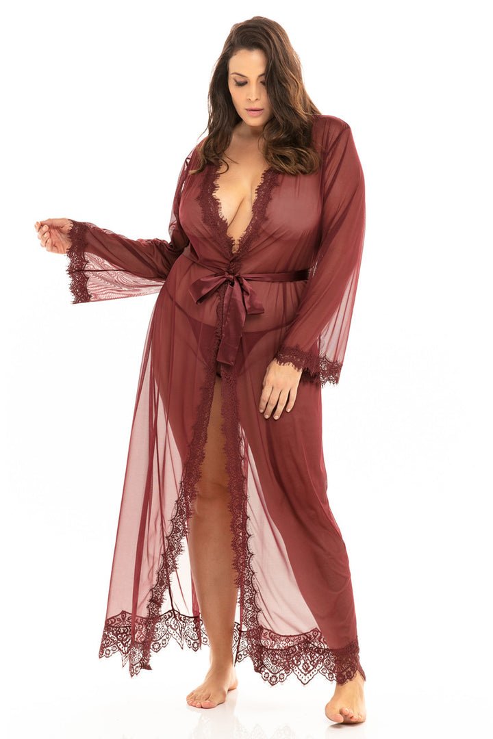 Oh La La Cheri Plus Size Robes Zinfandel / 1X/2X Curvy Provence Sheer Long Robe
