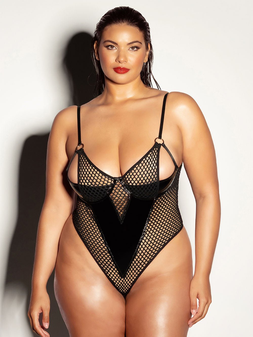 Oh La La Cheri Plus Size Teddy Fetish Curvy Frisky Fishnet Peek-A-Boo Teddy