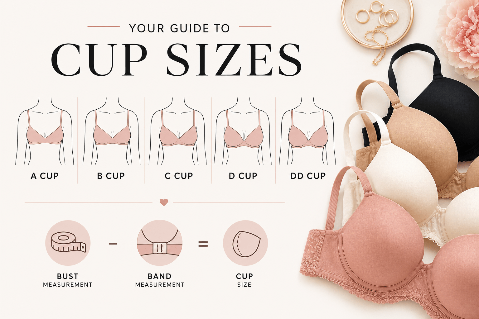 Luxury editorial infographic illustrating bra cup sizes from A cup to DD cup with soft neutral-toned bras on a beige background and minimal educational design for a bra sizing guide.