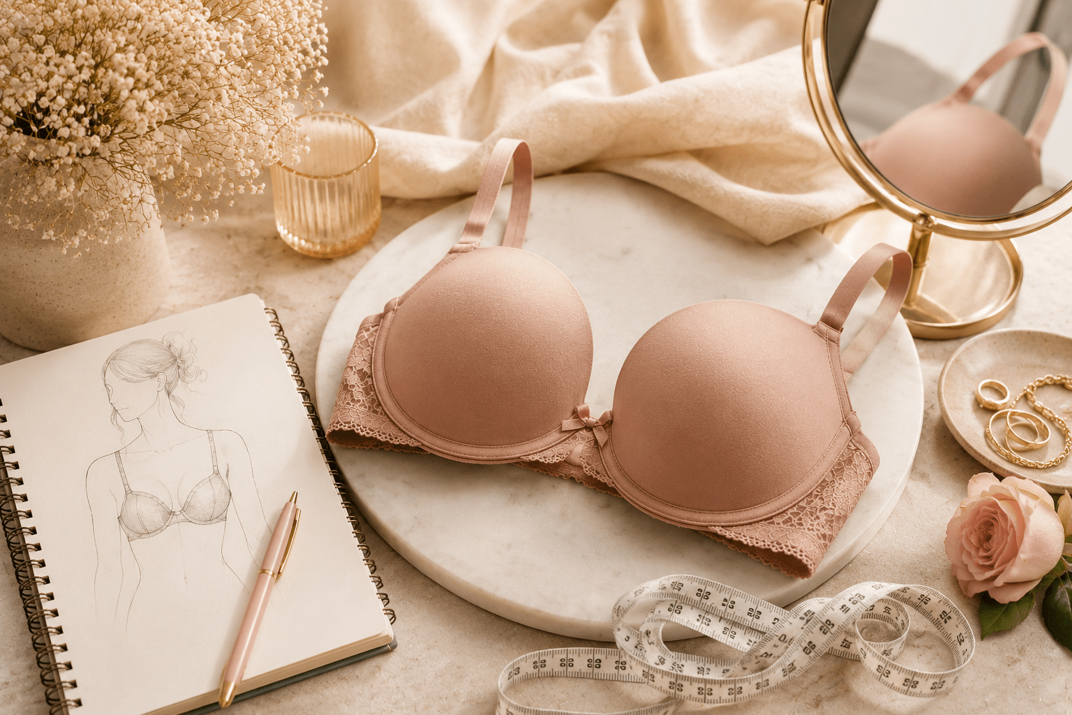 Elegant blush pink lace bra displayed on a marble surface with measuring tape, soft fabric textures, floral accents, jewelry, and fashion sketch elements representing a feminine C cup bra size and fit guide.