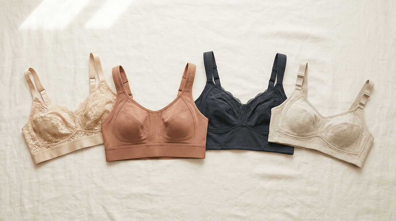 Four supportive bralettes laid flat showing wide underbands, thicker adjustable straps and seamed cups