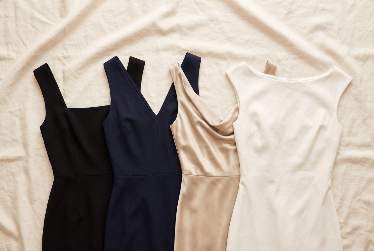 Four dress bodices on linen showing a square neckline, a V-neck, a satin cowl neck and a boat neck