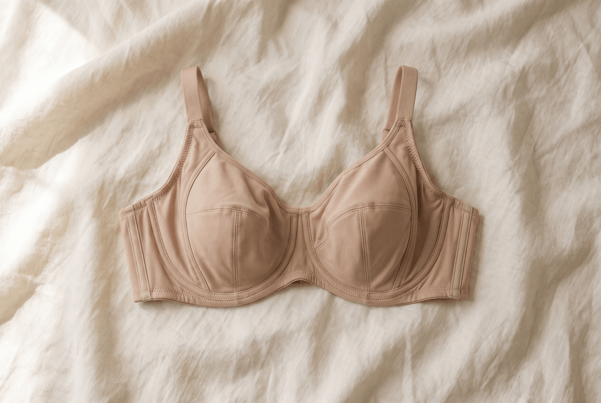 Nude full cup underwire bra with a four-part seamed cup and visible side support panel on ivory linen