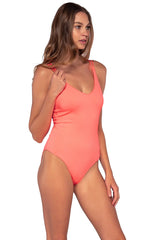 Side view of Sunsets Neon Coral Veronica One Piece