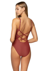 Back close-up shot of Sunsets Tuscan Red Veronica One Piece