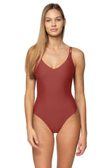 Front close-up shot of Sunsets Tuscan Red Veronica One Piece