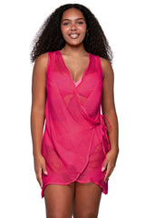 Front view of Sunsets Neon Pink Weekend Wrap Dress