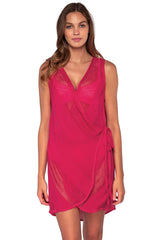 Front view of Sunsets Neon Pink Weekend Wrap Dress