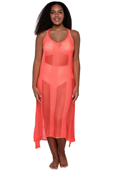 Front view of Sunsets Neon Coral Destination Dress