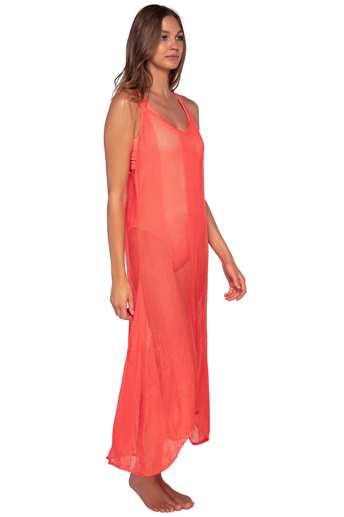 Side view of Sunsets Neon Coral Destination Dress