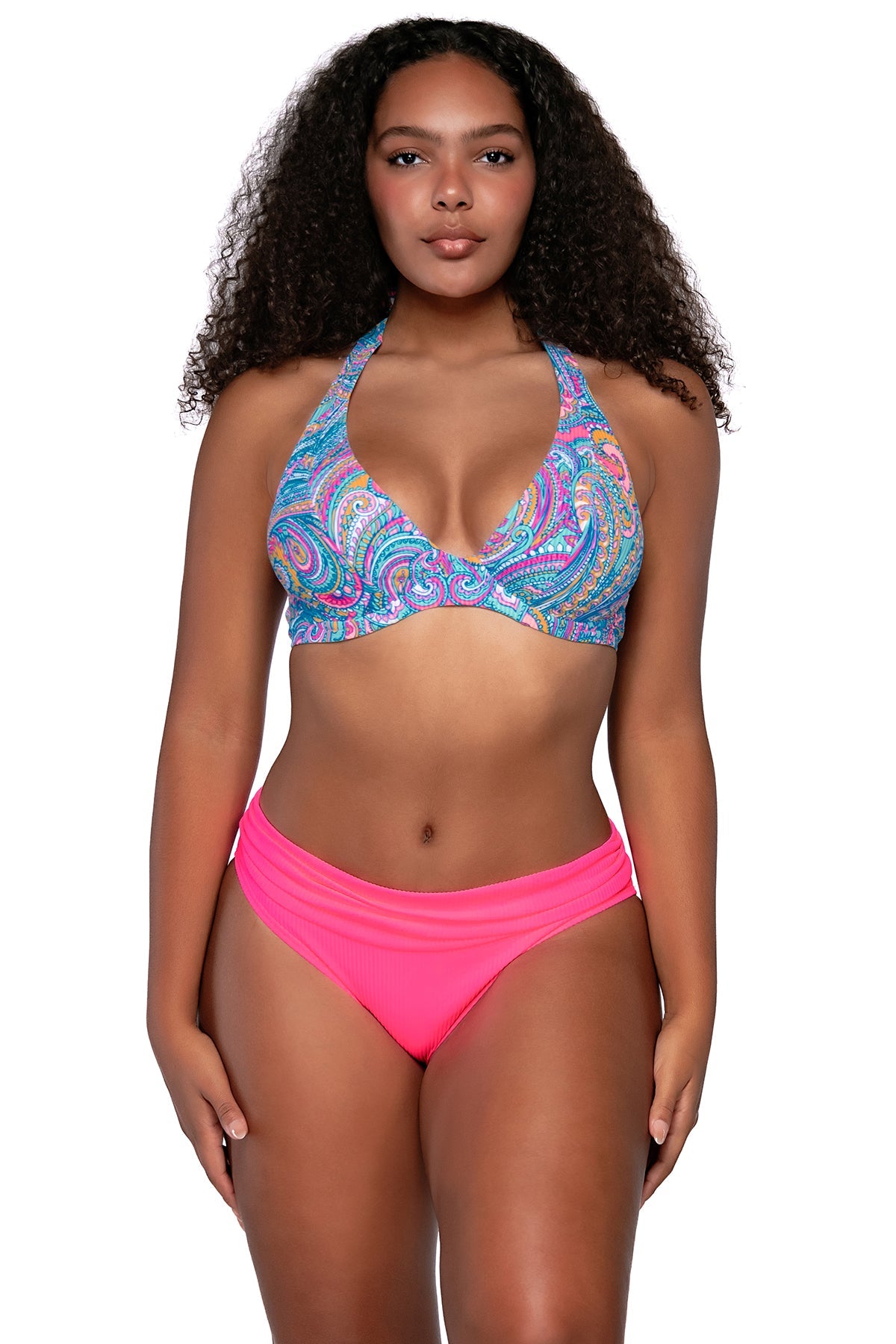 Front view of Sunsets Paisley Pop Muse Halter Top