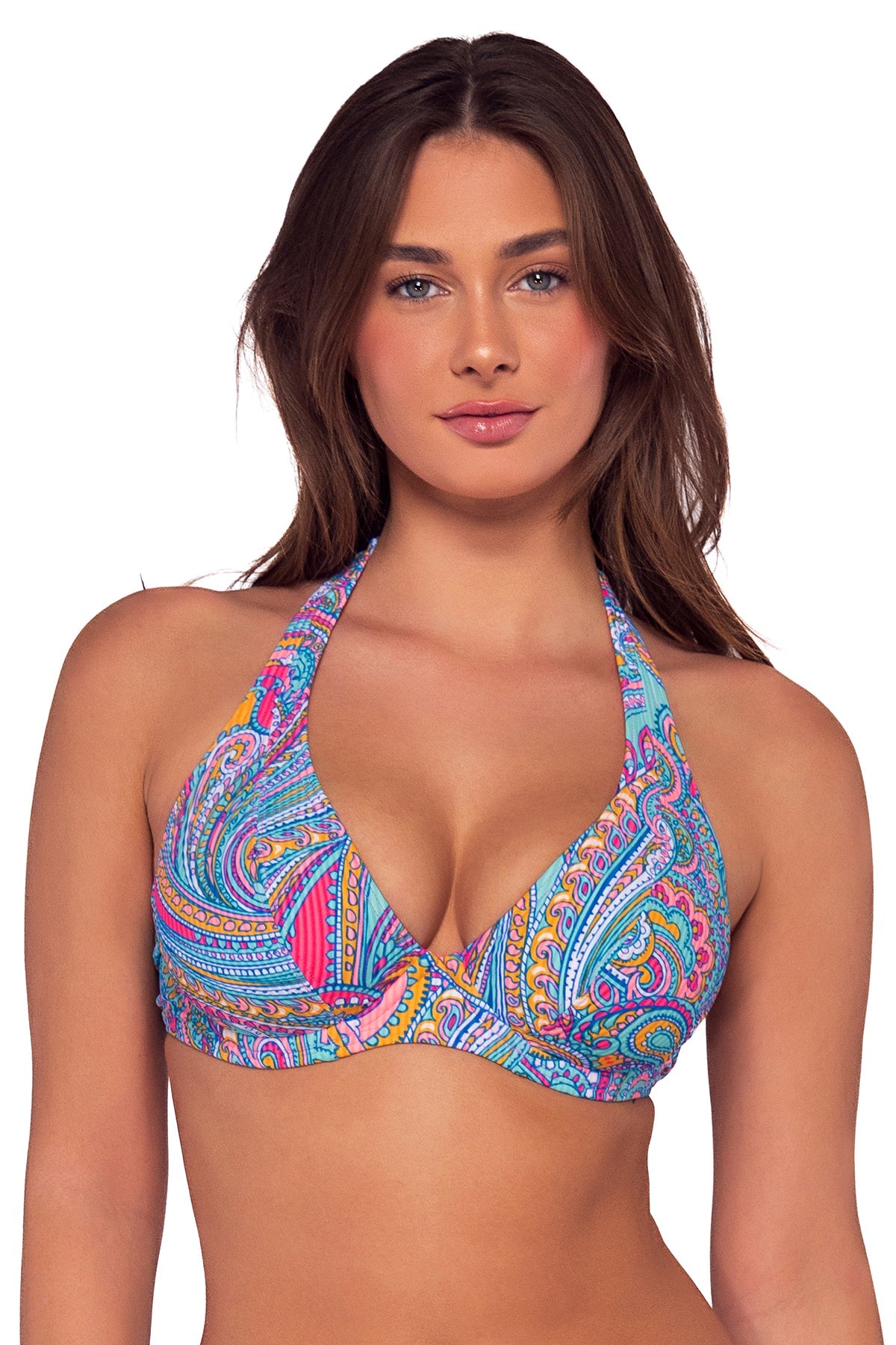 Front view of Sunsets Paisley Pop Muse Halter Top