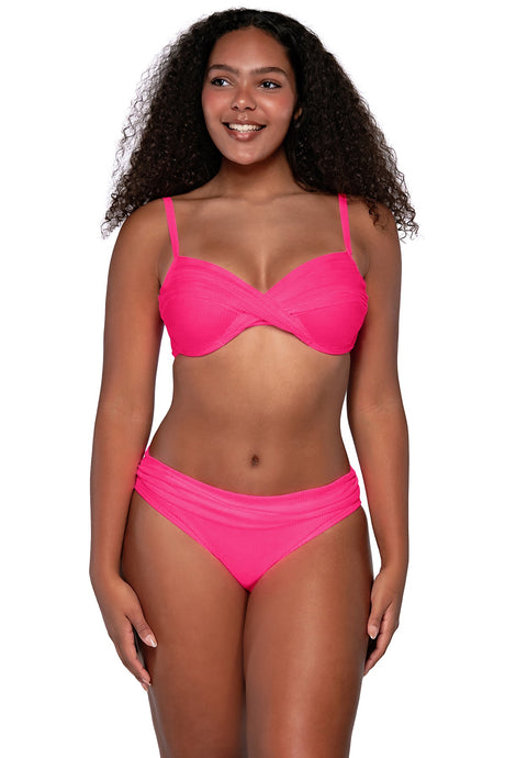 Front view of Sunsets Neon Pink Crossroads Underwire Top