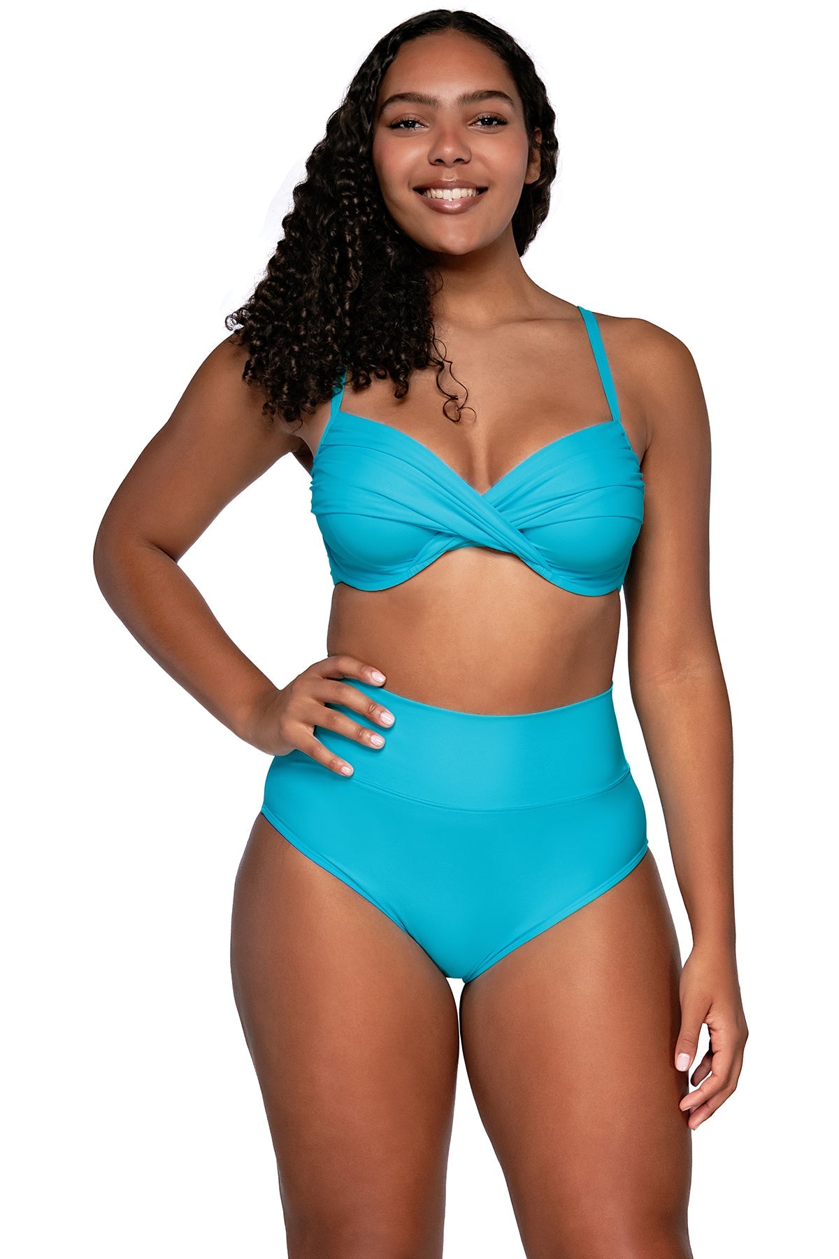 Front view of Sunsets Blue Bliss Crossroads Underwire bikini top with Blue Bliss Hannah High Waist bikini bottom