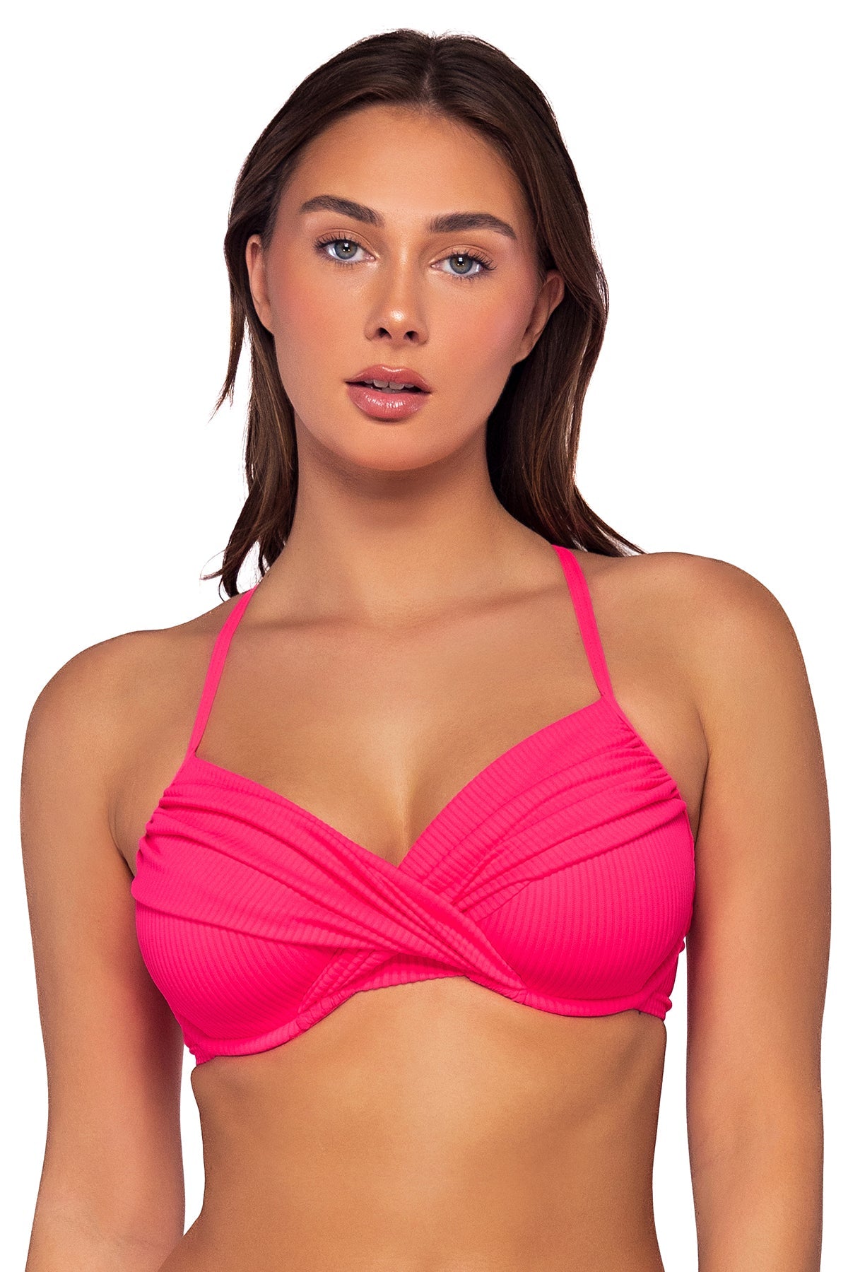 Front view of Sunsets Neon Pink Crossroads Underwire Top