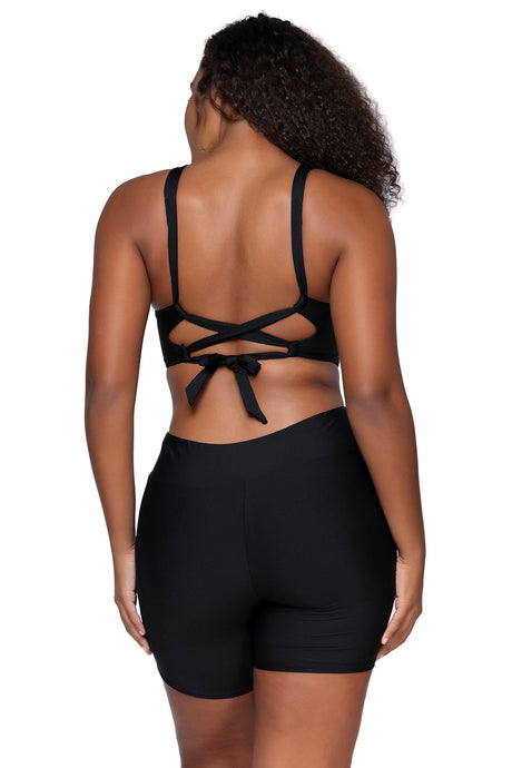 Back view of Sunsets Black Elsie Top underwire bralette bikini with Black Bayside Bike Short swim bottom