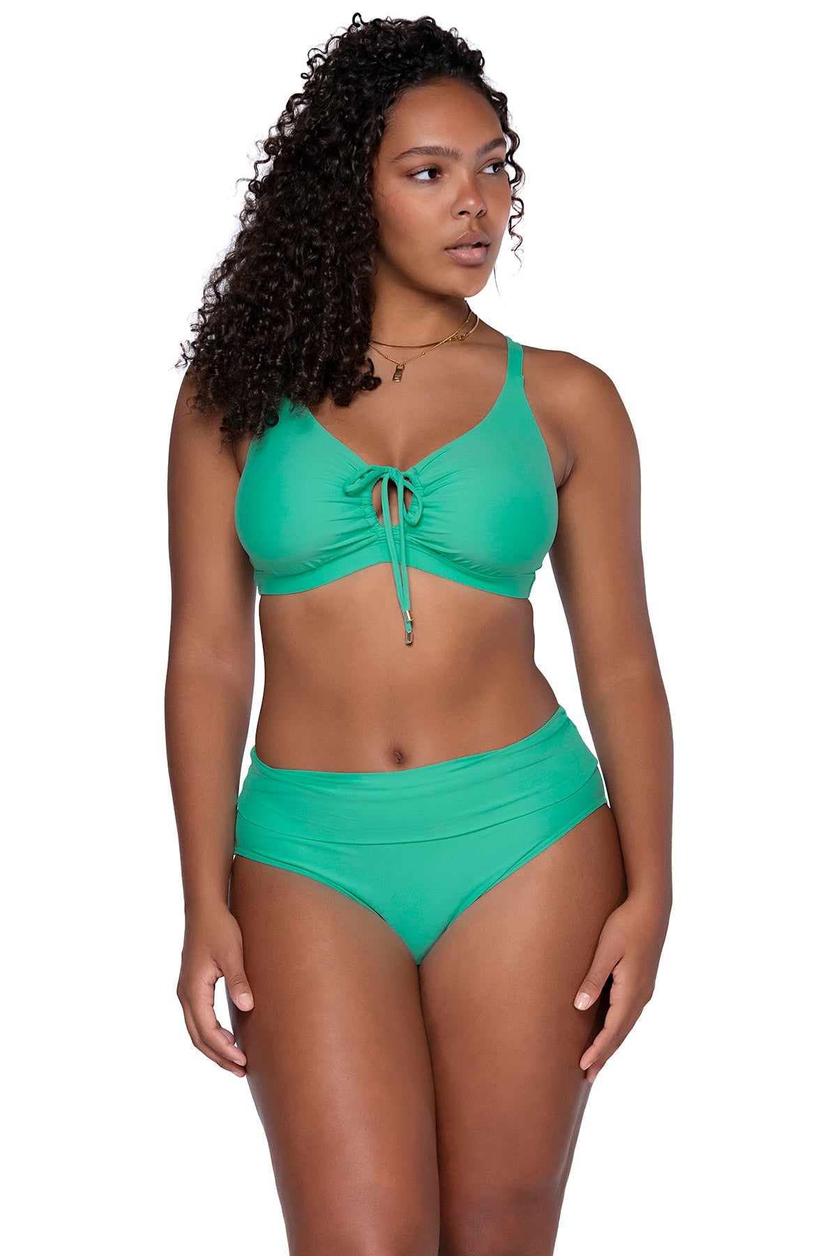 Front view of Sunsets Mint Kauai Keyhole bikini top with Mint Hannah High Waist bikini bottom, featuring alternate model