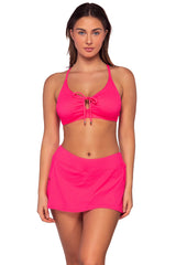 Front view of Sunsets Neon Pink Sporty Swim Skirt