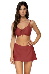 Front view of Sunsets Tuscan Red Sporty Swim Skirt