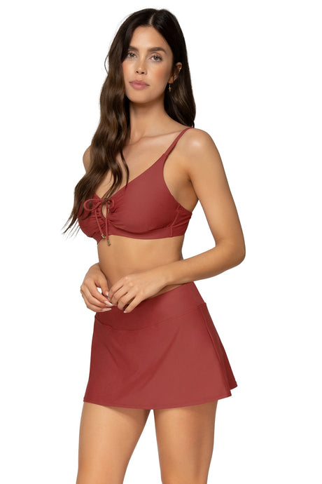 Side view of Sunsets Tuscan Red Sporty Swim Skirt