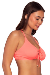 Side view of Sunsets Neon Coral Kauai Keyhole Top