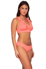 Side view of Sunsets Neon Coral Willa Wireless Top