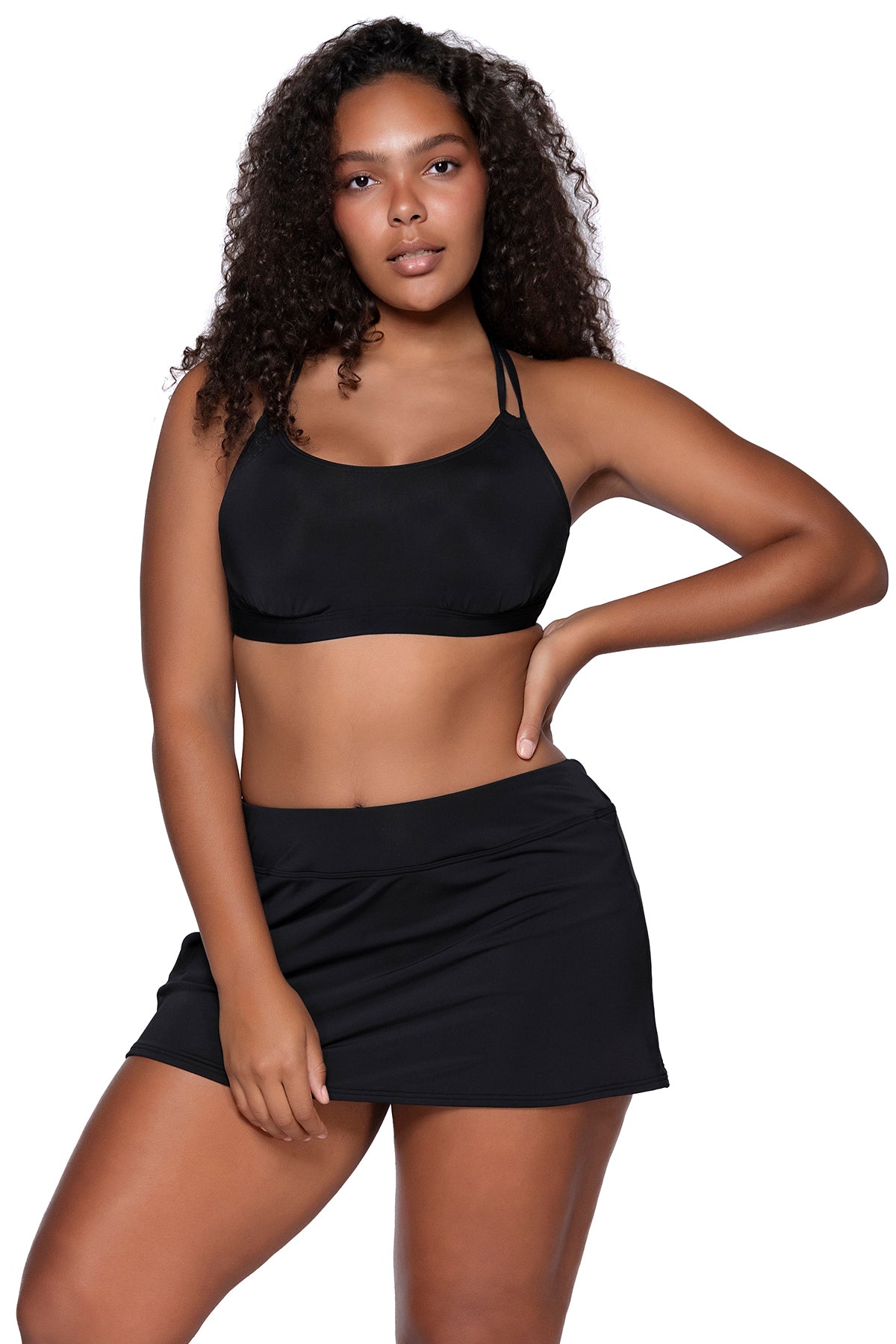 Front view of Sunsets Black Sporty Swim Skirt