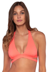 Front view of Sunsets Neon Coral Casey Halter Top