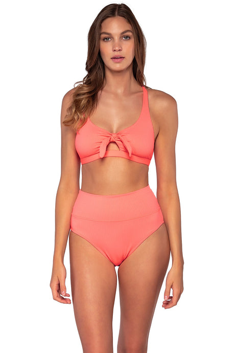 Front view of Sunsets Neon Coral Hannah High Waist Bottom