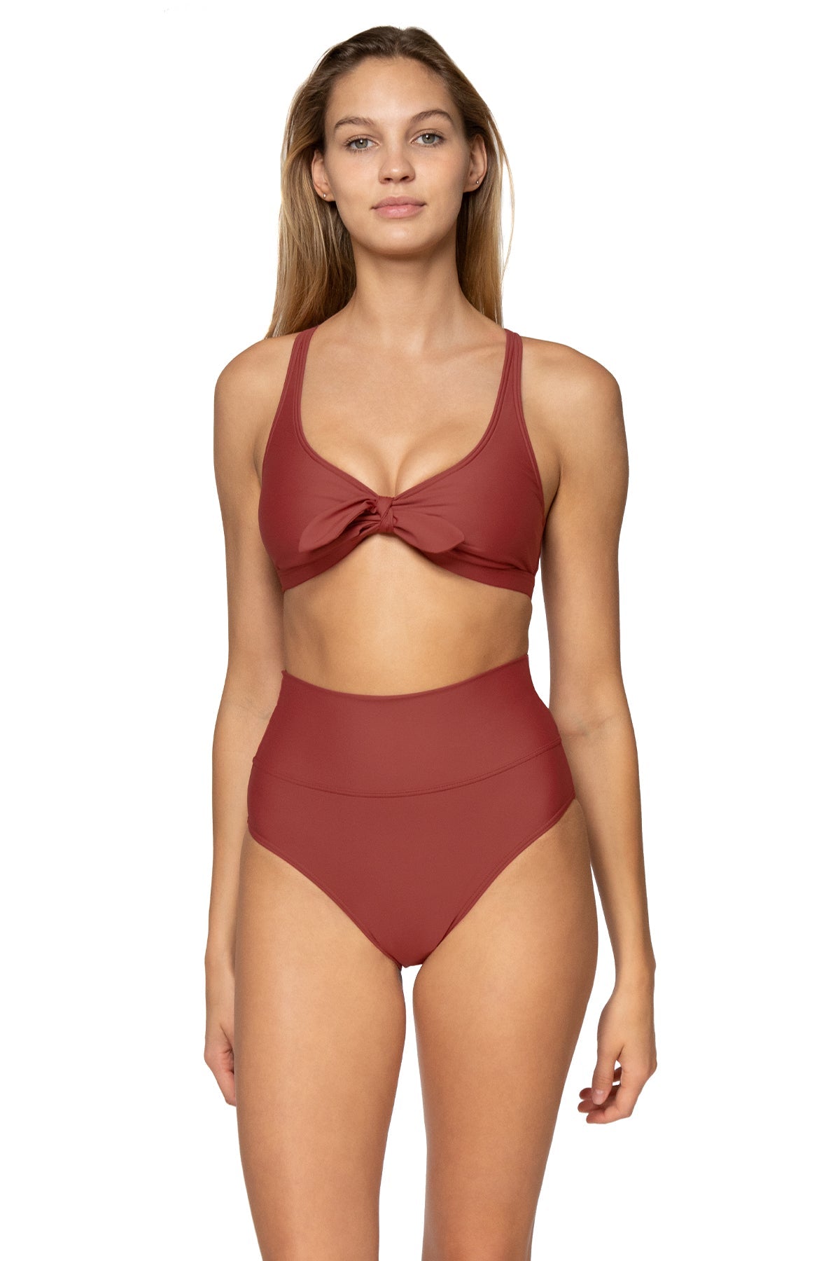 Front view of Sunsets Tuscan Red Hannah High Waist Bottom