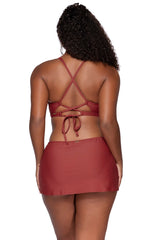 Back view of Sunsets Tuscan Red Brandi Bralette bikini top with Tuscan Red Kokomo Swim Skirt featuring additional model