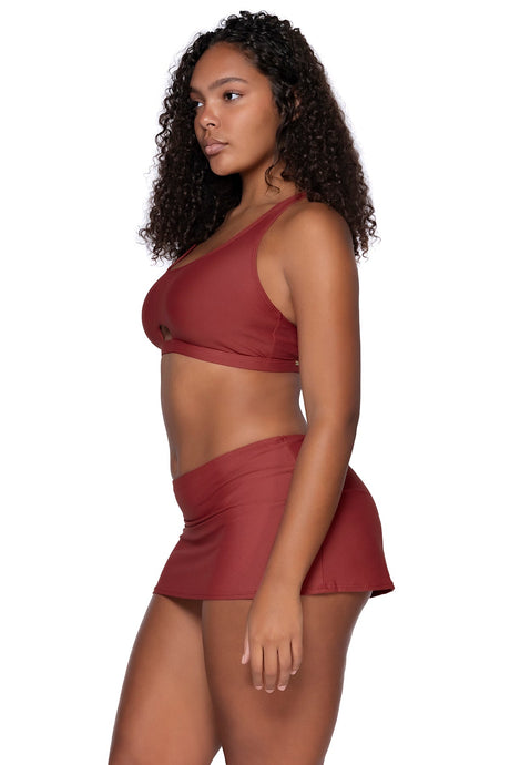 Side view of Sunsets Tuscan Red Kokomo Swim Skirt