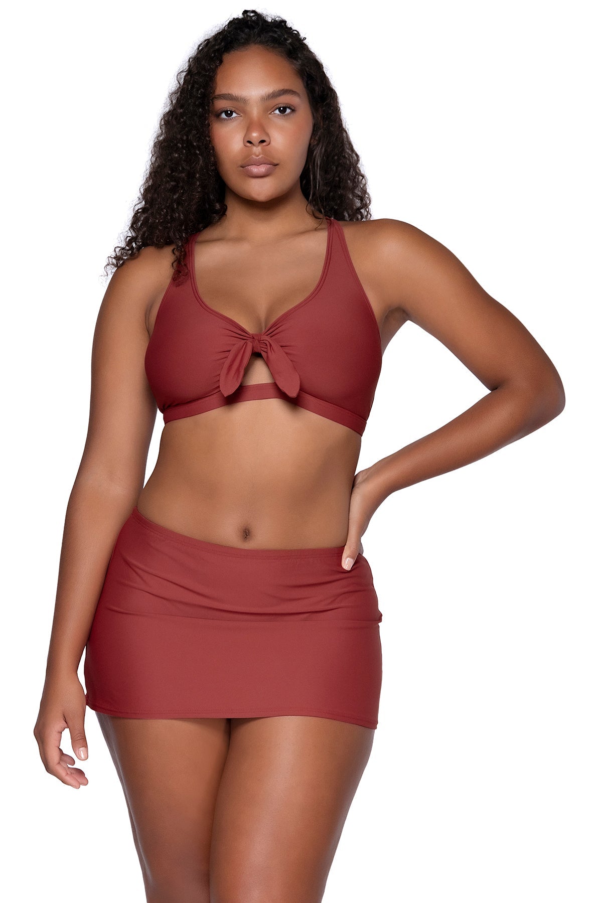 Front view of Sunsets Tuscan Red Brandi Bralette bikini top showing keyhole front tie with Tuscan Red Kokomo Swim Skirt featuring additional model