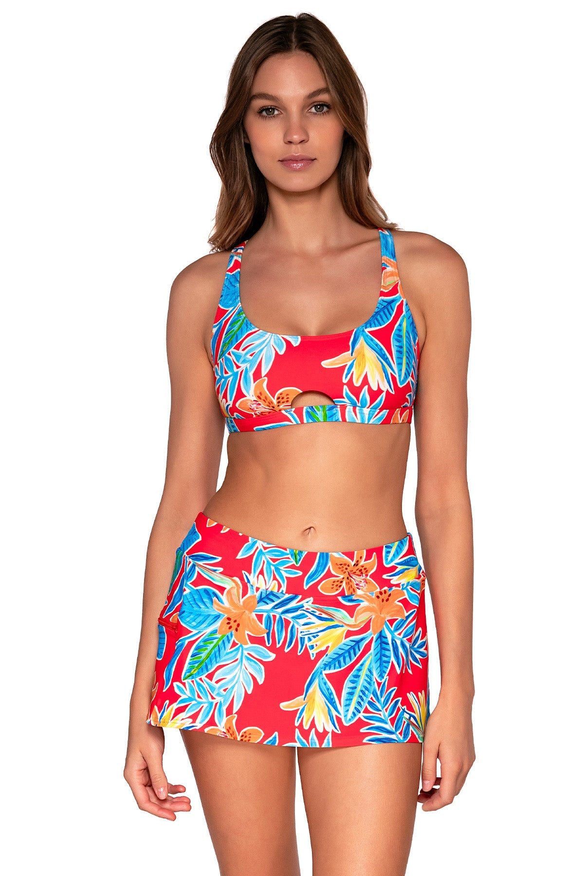 Front view of Sunsets Tiger Lily Sporty Swim Skirt