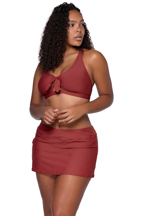 Front view of Sunsets Tuscan Red Sporty Swim Skirt