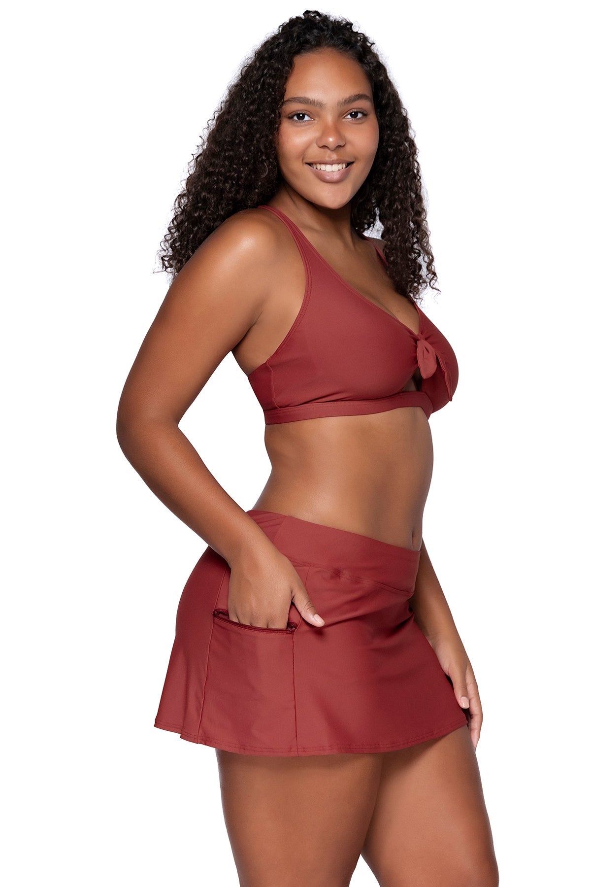 Side view of Sunsets Tuscan Red Sporty Swim Skirt