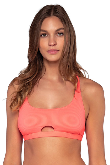 Front view of Sunsets Neon Coral Brandi Bralette Top