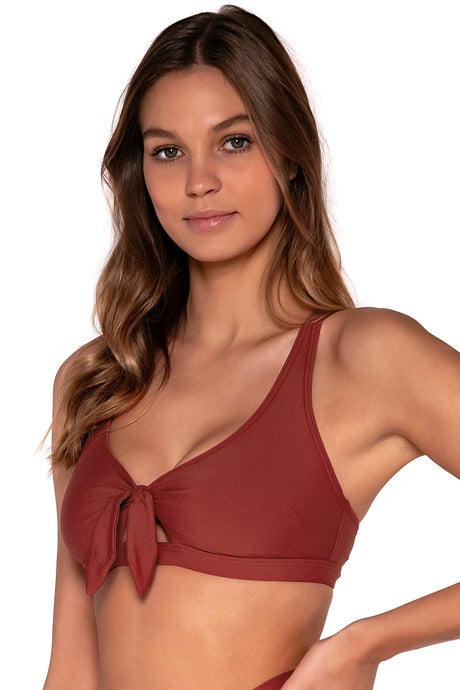 Side view of Sunsets Tuscan Red Brandi Bralette bikini top showing keyhole front tie