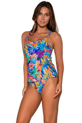 Side view of Sunsets Alegria Taylor Tankini swim top with Alegria Hannah High Waist bikini bottom