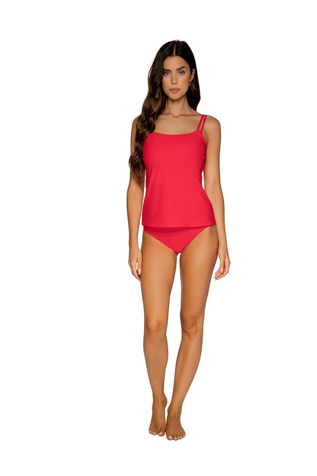 Front full shot of Sunsets Geranium Taylor Tankini swim top with Geranium High Road Bottom swimsuit