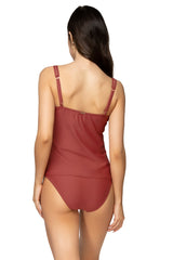 Back view of Sunsets Tuscan Red Taylor Tankini swim top with Tuscan Red Lula Hipster bikini bottom