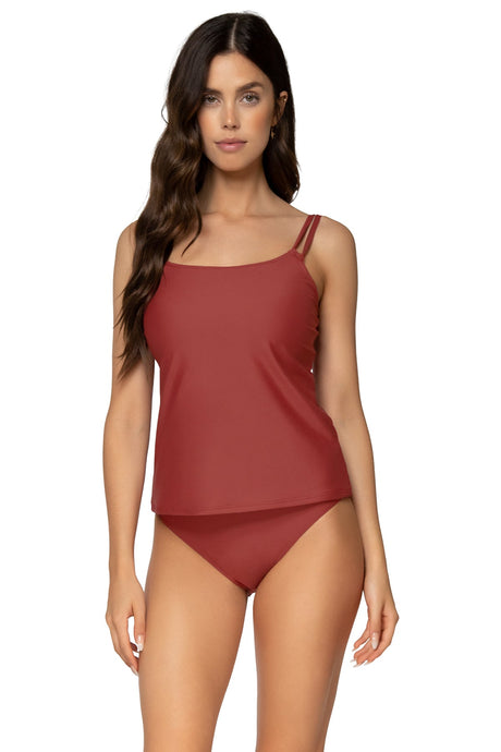 Additional front view of Sunsets Tuscan Red Taylor Tankini swim top with Tuscan Red Lula Hipster bikini bottom