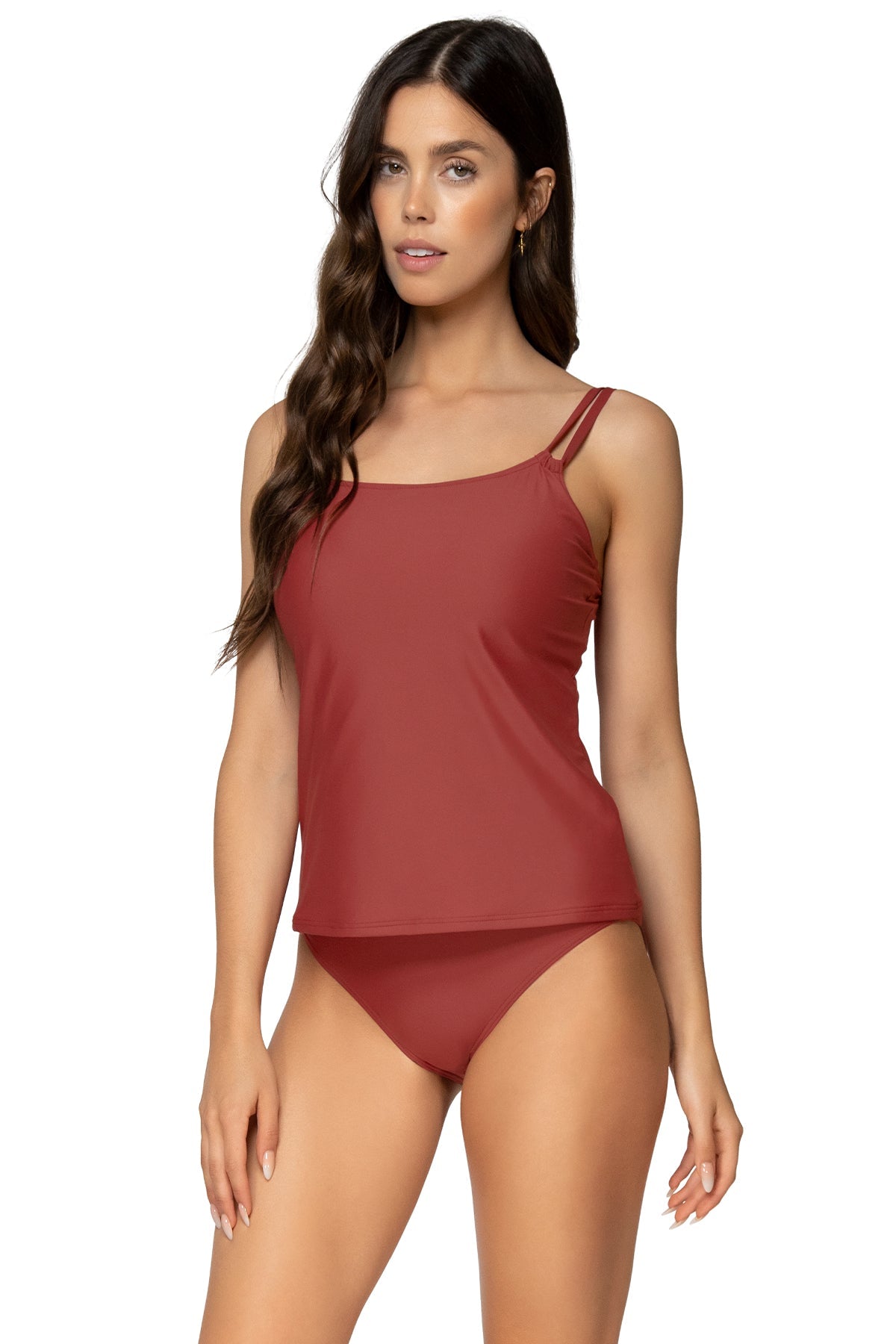 Side view of Sunsets Tuscan Red Taylor Tankini swim top with Tuscan Red Lula Hipster bikini bottom